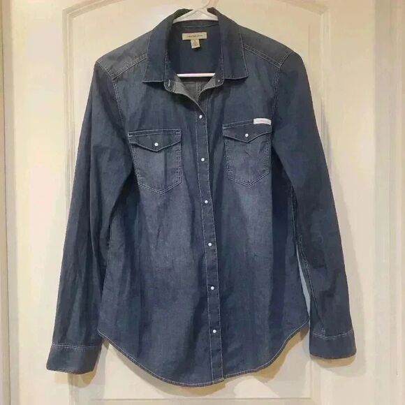 Calvin Klein Women's Blue Brady White Small Snap Front Denim Shirt - Picture 4 of 13